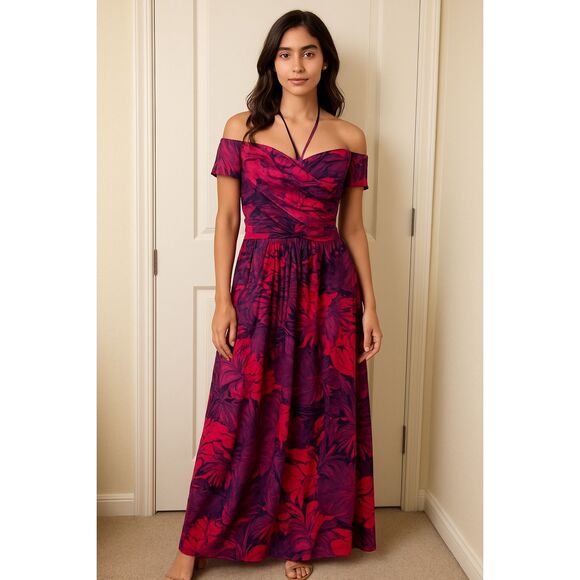 S/W/F Tropical Pink & Purple Off-Shoulder Maxi Dress vacation size S NWT - Picture 3 of 6